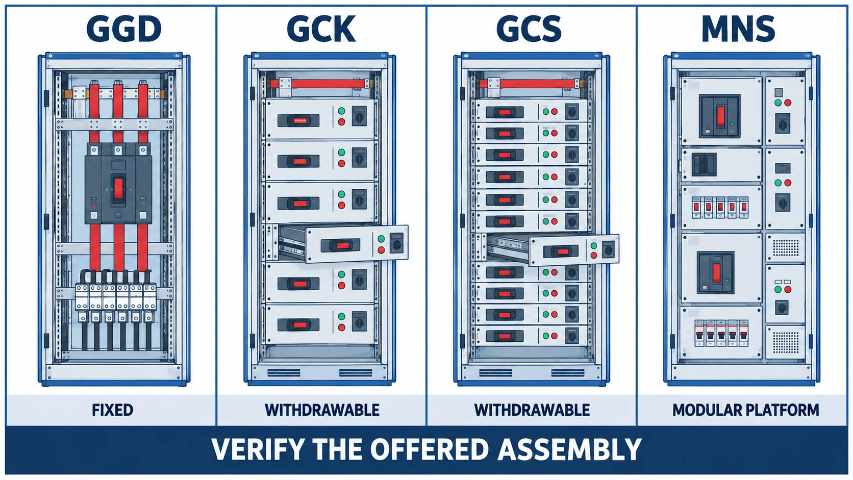 Construction concept comparison of GGD, GCK, GCS and MNS low-voltage switchgear
