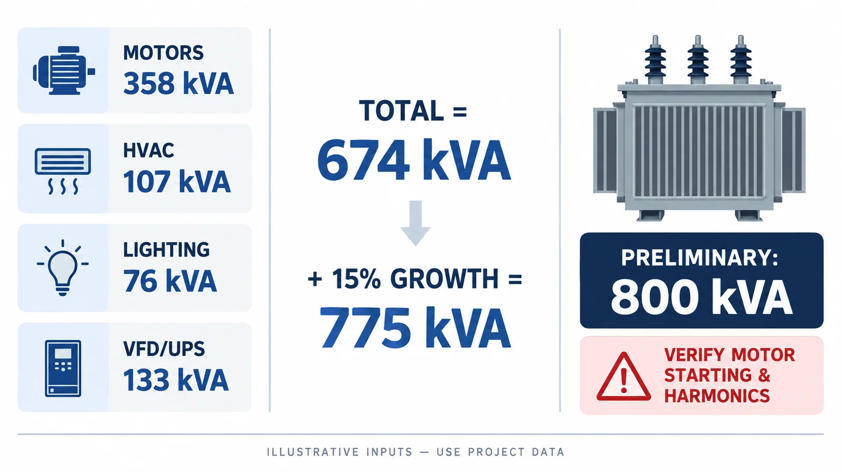 Worked transformer sizing example totaling 674 kVA and selecting 800 kVA preliminarily after growth allowance