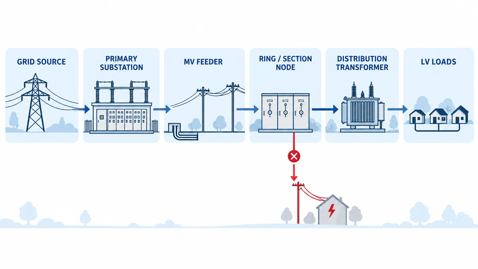 Conceptual utility distribution architecture from grid source through primary substation switchgear, medium-voltage feeder, ring node and distribution transformer to low-voltage loads