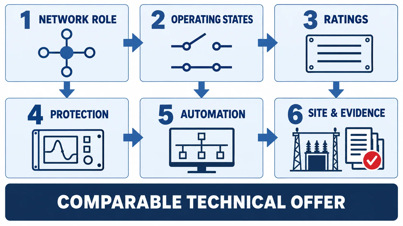 Six-stage utility switchgear specification flow covering network role, operating states, ratings, protection, automation, and site evidence