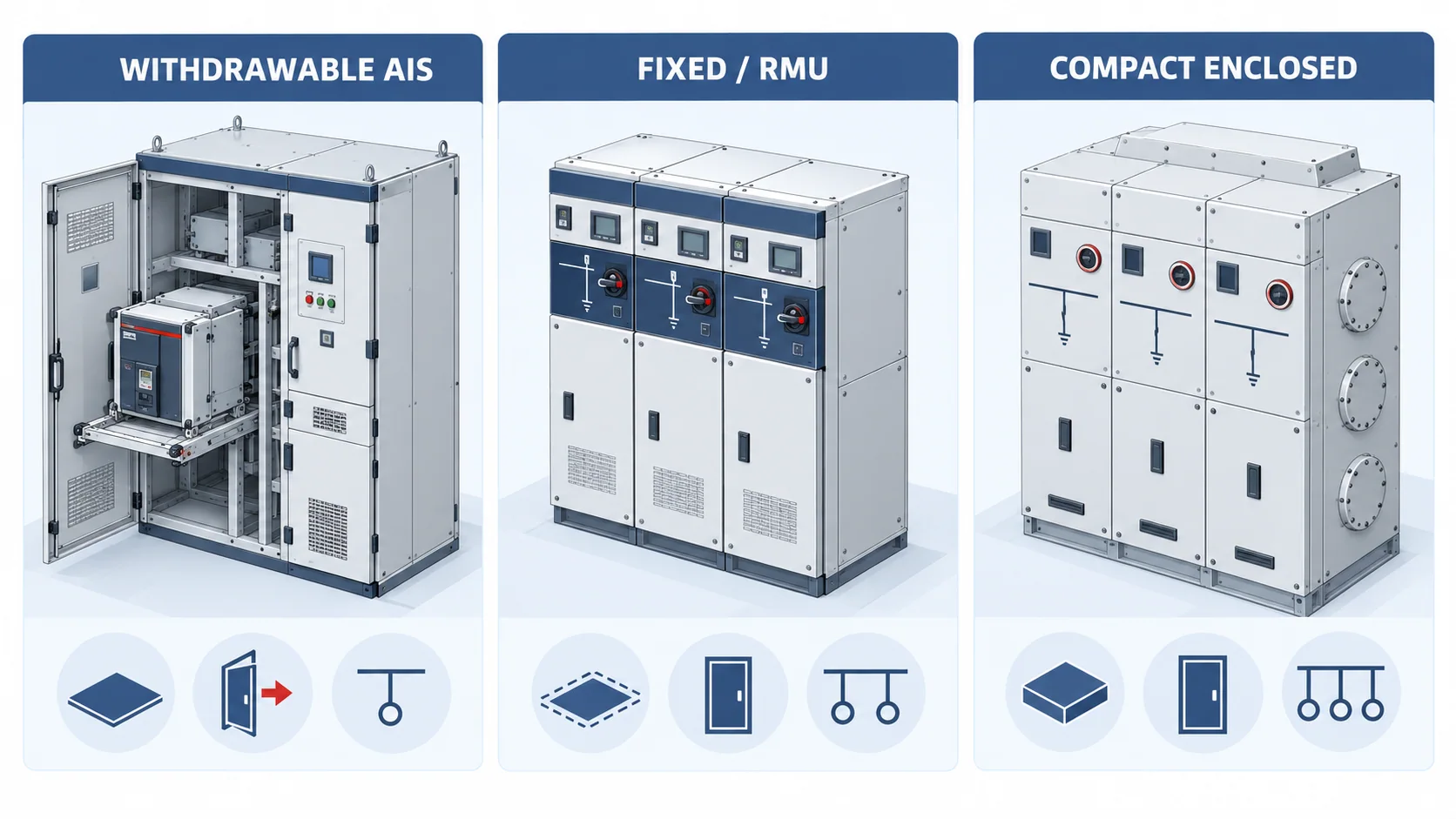 Three medium-voltage switchgear type families showing withdrawable AIS, fixed RMU and compact enclosed-insulation arrangements