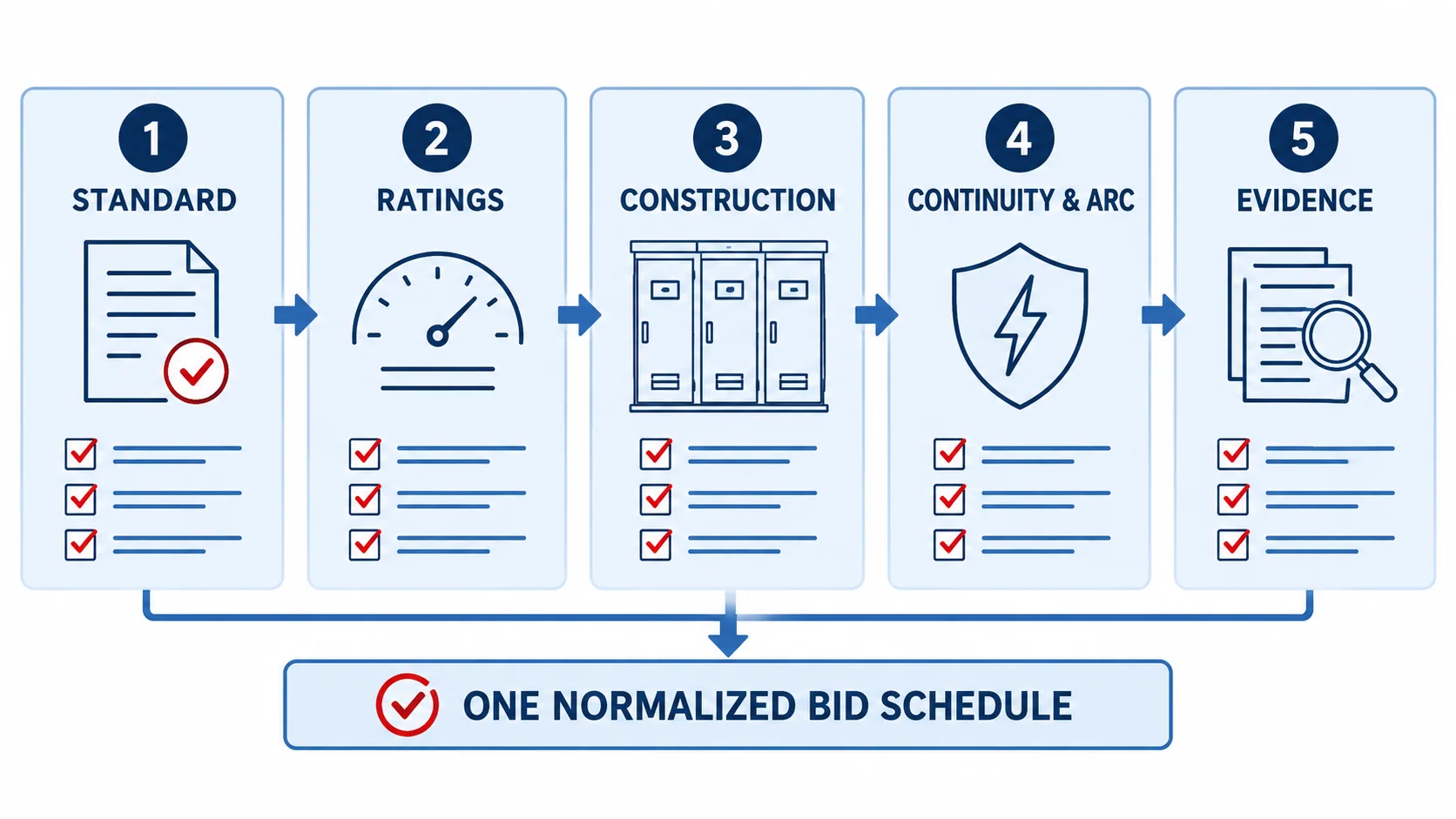 Five-step buyer checklist covering standard, ratings, construction, continuity and arc requirements, and verification evidence