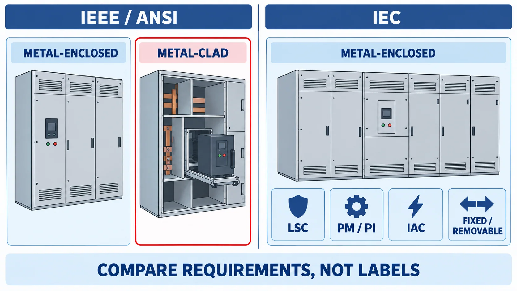 Standards map separating IEEE metal-enclosed and metal-clad terminology from IEC metal-enclosed classifications