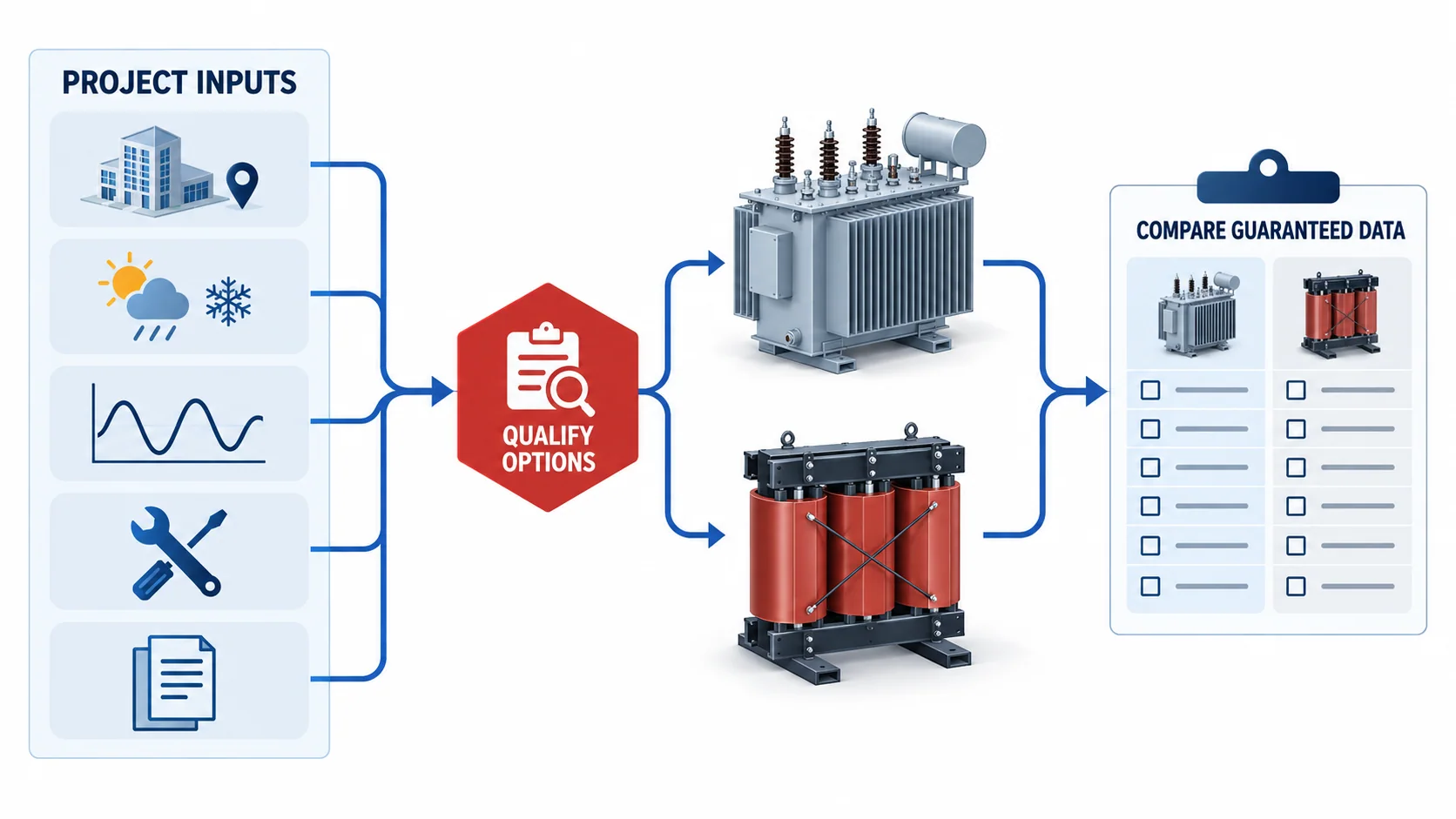 Transformer selection framework based on installation, duty, maintenance and guaranteed data