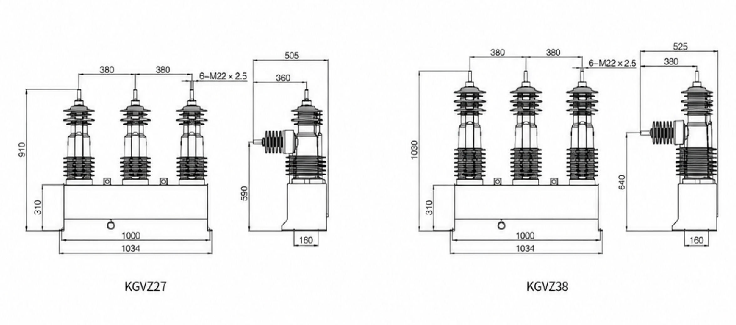 KGVZ27 and KGVZ38 automatic circuit recloser outline dimensions