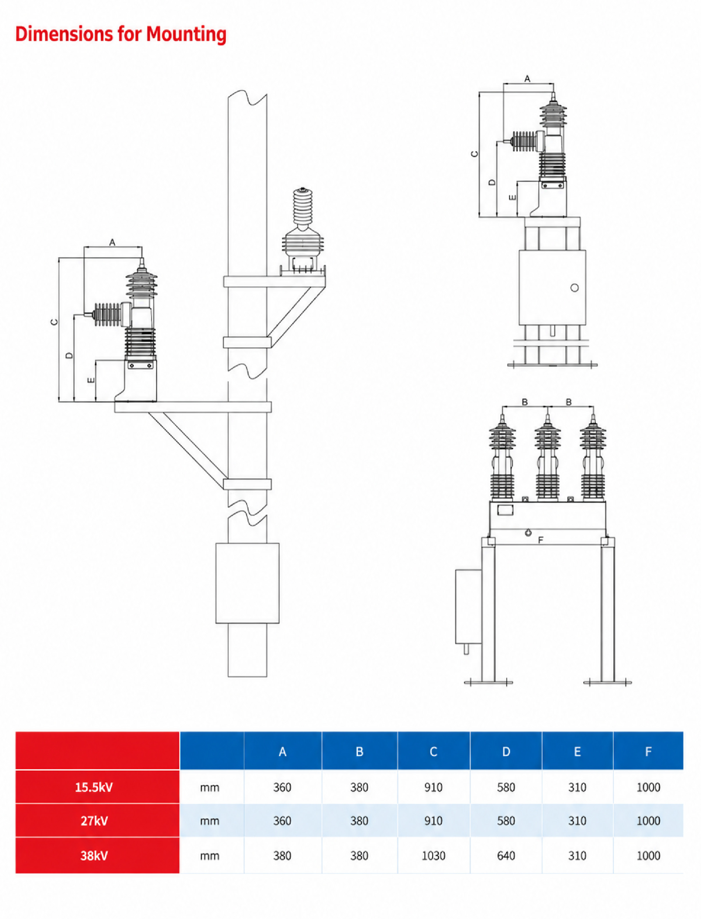 KGVZ automatic circuit recloser mounting dimensions and A to F dimension table