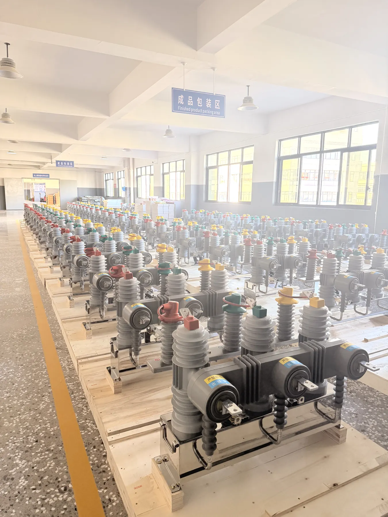 Pole-mounted circuit breaker inventory in the finished product packing area